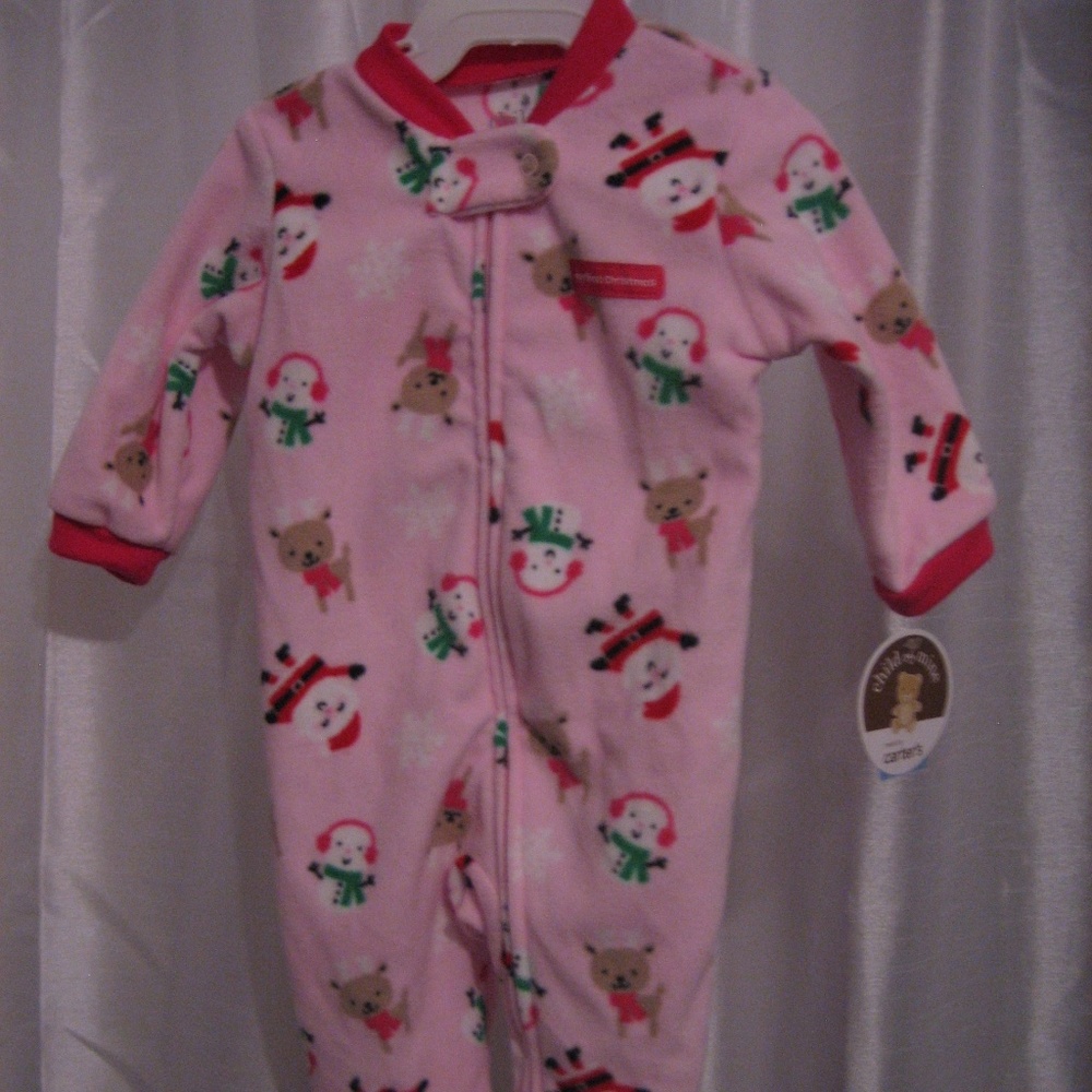 Carter's Holiday Santa/Snowman Infant Girl Pink One Piece Sleeper Sz 0-3M NWWT